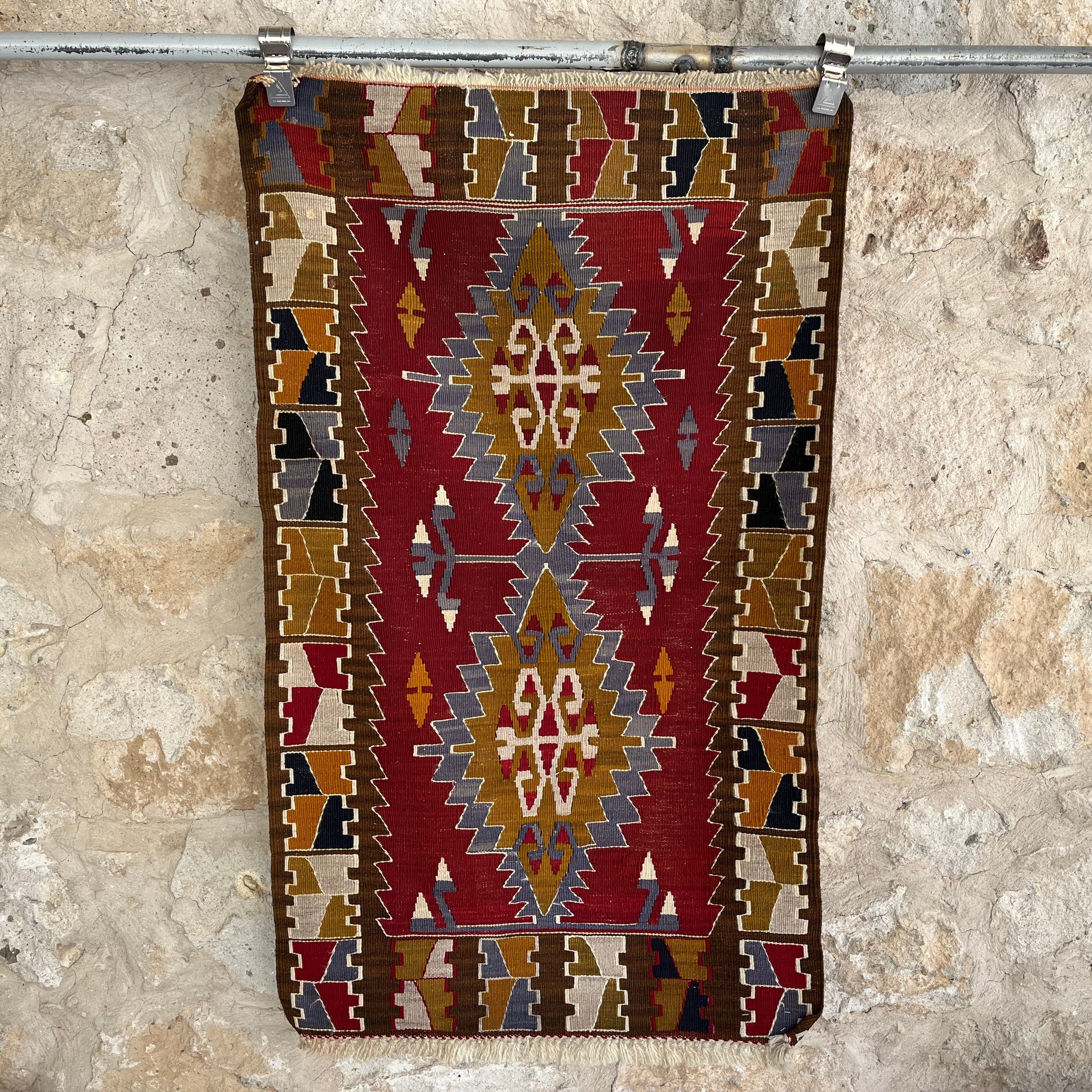 Red 2' x 4' vintage kilim rug with traditional design, handmade in Turkey – Cru.