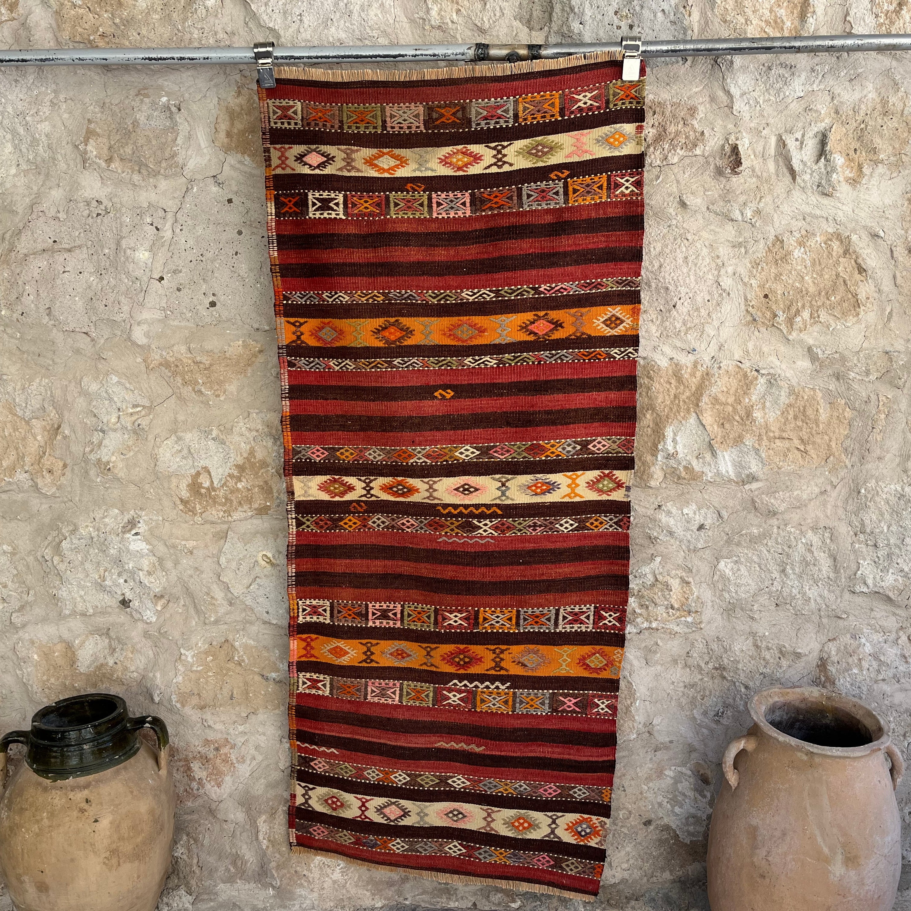 Red 2' x 6' vintage kilim rug with traditional design, handmade in Turkey – Falcon.