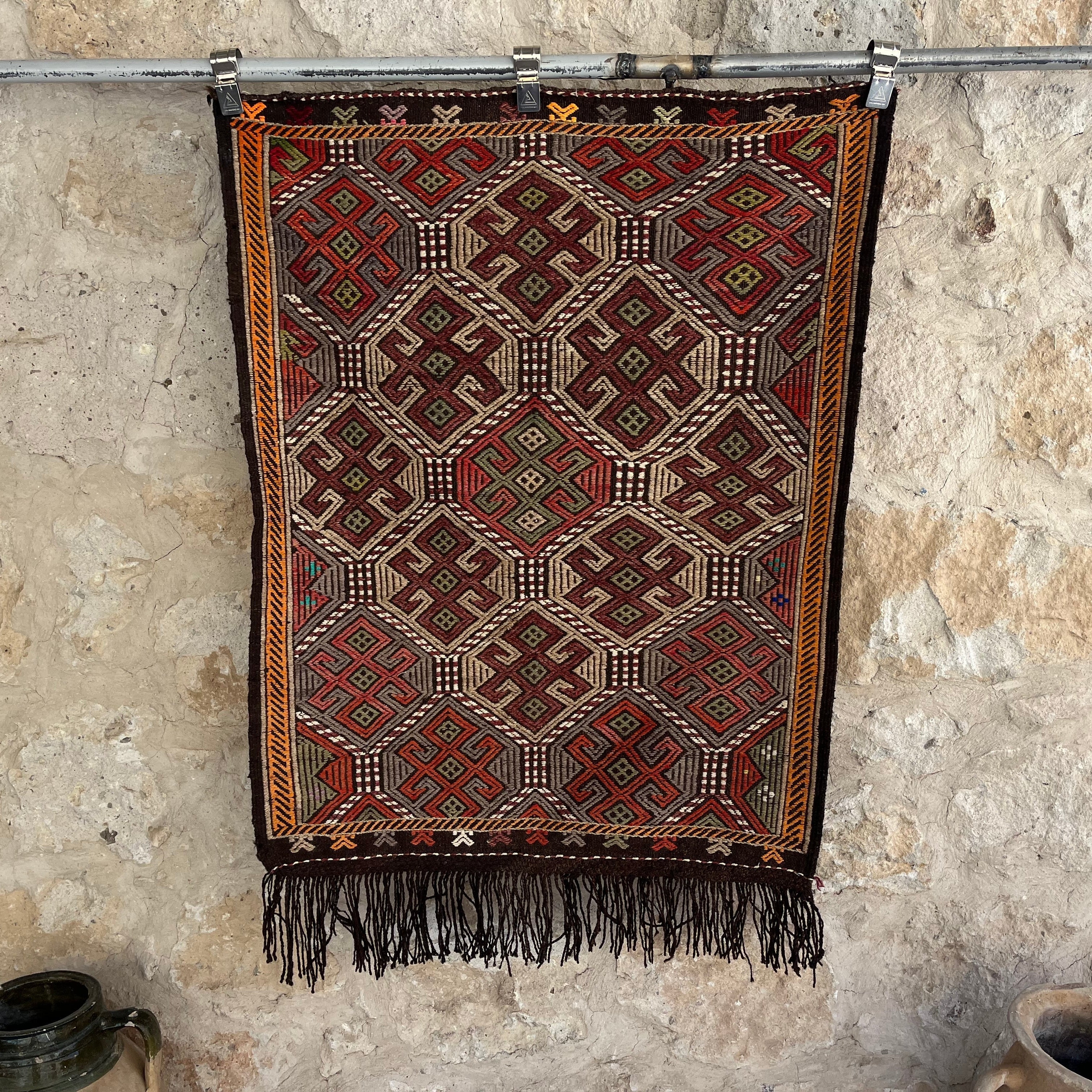 Brown 3' x 4' vintage kilim rug with traditional design, handmade in Turkey – Cian.
