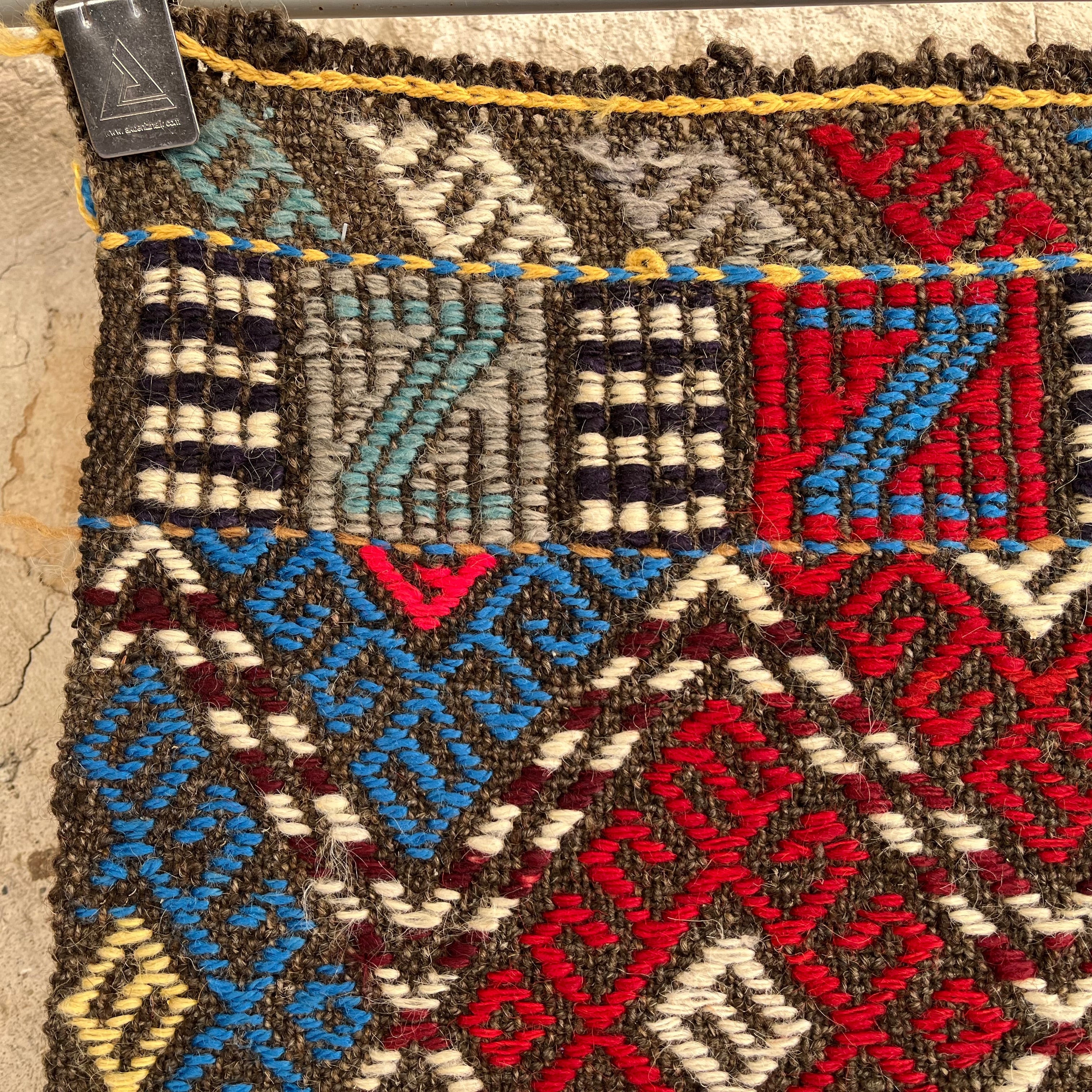 Red 3' x 4' vintage Turkish kilim rug in wool and cotton, shown on the floor.