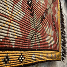 Red 3' x 4' vintage Turkish kilim rug in wool and cotton, shown on the floor.