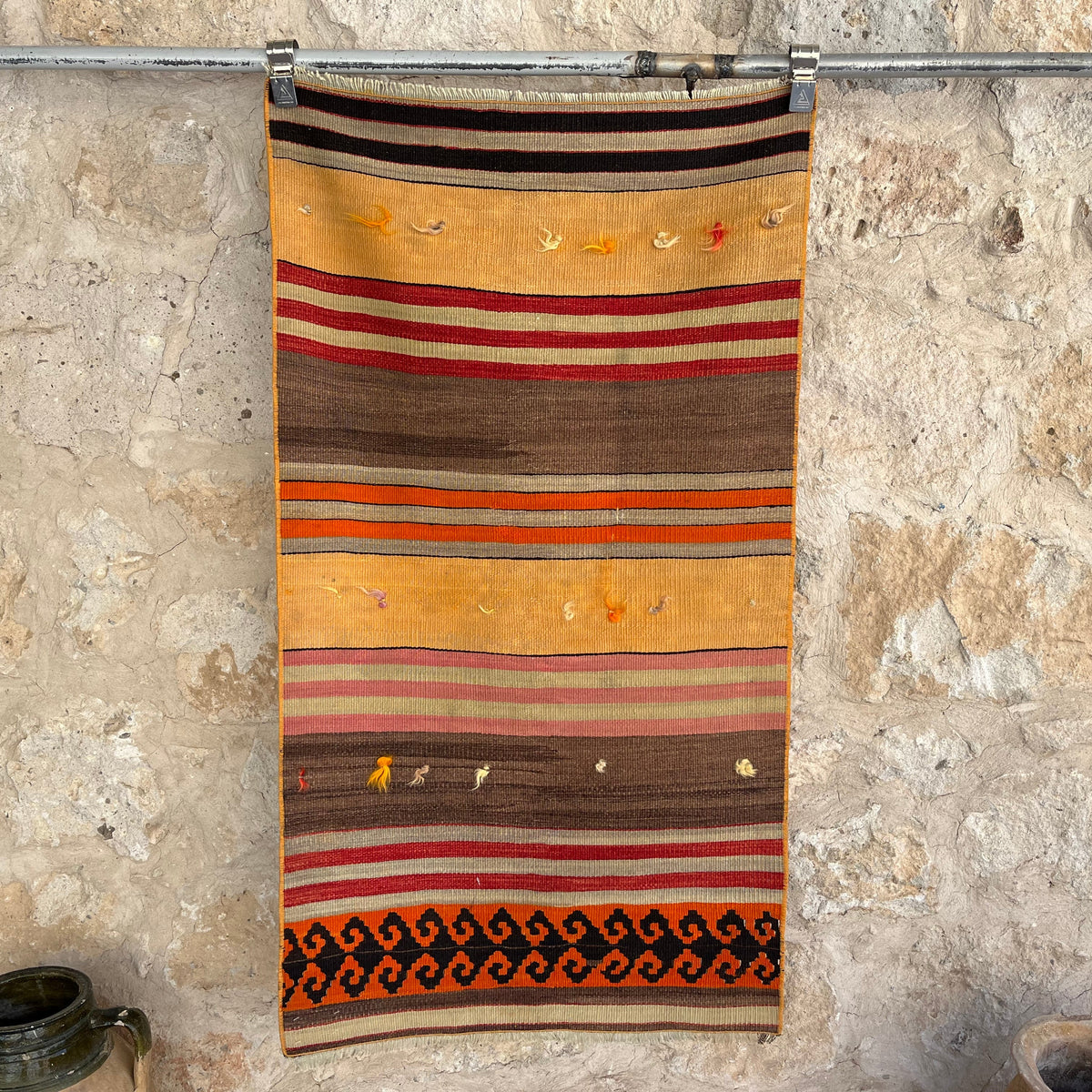 Yellow 3' x 5' vintage kilim rug with striped design, handmade in Turkey – Harvard.
