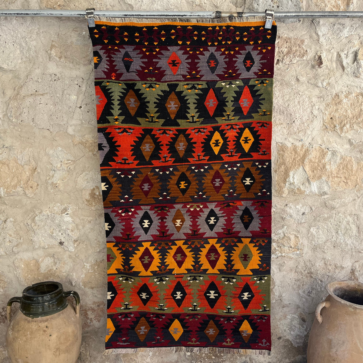 Red 3' x 6' vintage kilim rug with traditional design, handmade in Turkey – Izzy.