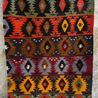 Red 3' x 6' vintage Turkish kilim rug in wool and cotton, shown on the floor.