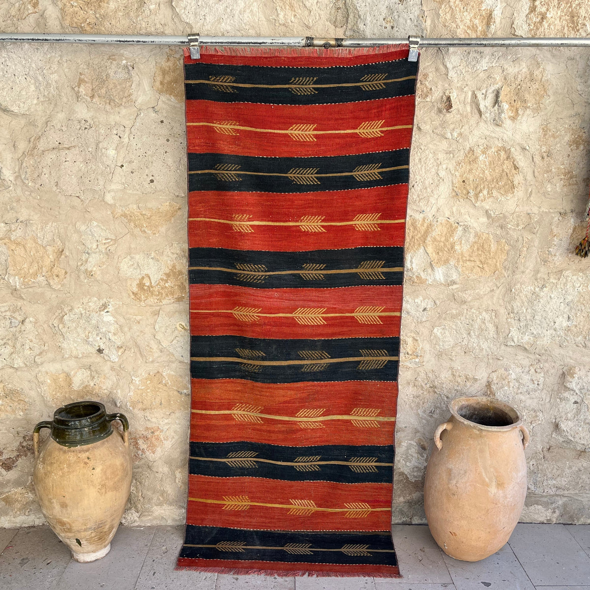 Blue 3' x 7' vintage kilim rug with striped design, handmade in Turkey – Brian.