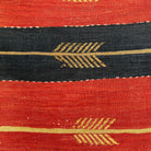 Close-up of the blue vintage Turkish kilim rug showing striped details, flatweave construction, wool and cotton and low pile.