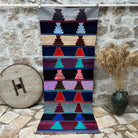 Blue 3' x 9' vintage kilim rug with geometric design, handmade in Turkey – Xanthe.
