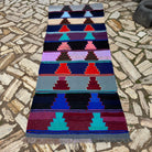 Blue 3' x 9' vintage Turkish kilim rug in wool and cotton, shown on the floor.