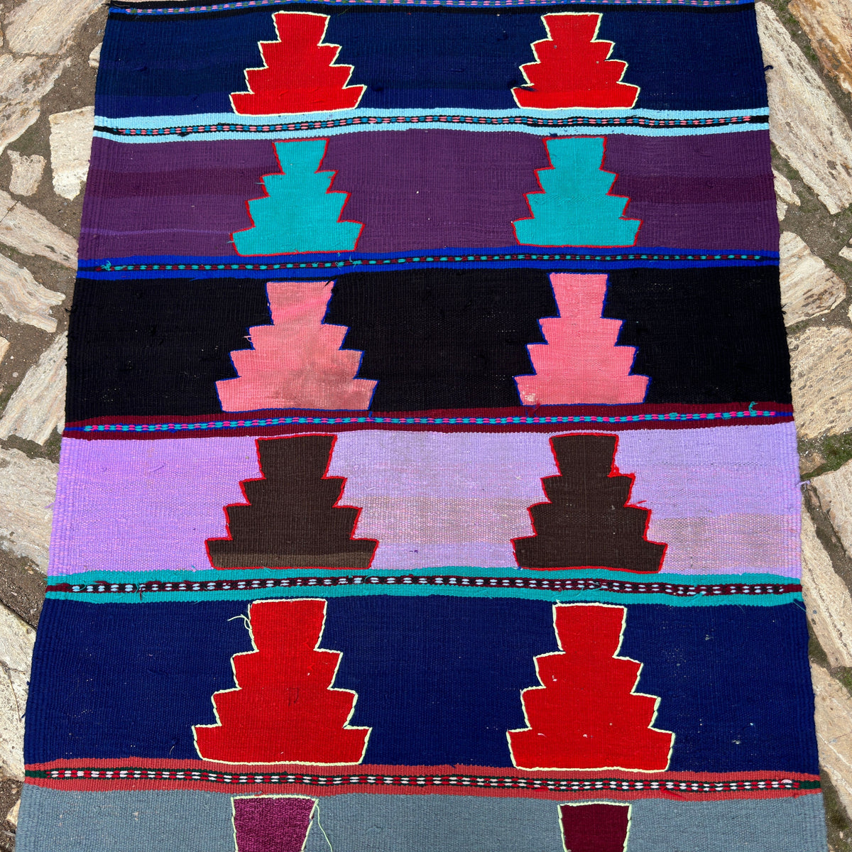 1970s blue vintage Turkish kilim rug with geometric design, flatweave construction and low pile.