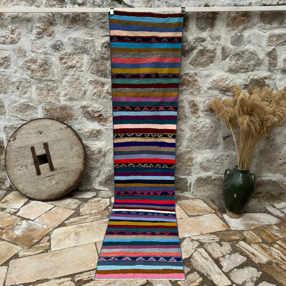 Blue 2' x 10' vintage kilim runner rug with striped design, handmade in Turkey – Seward.