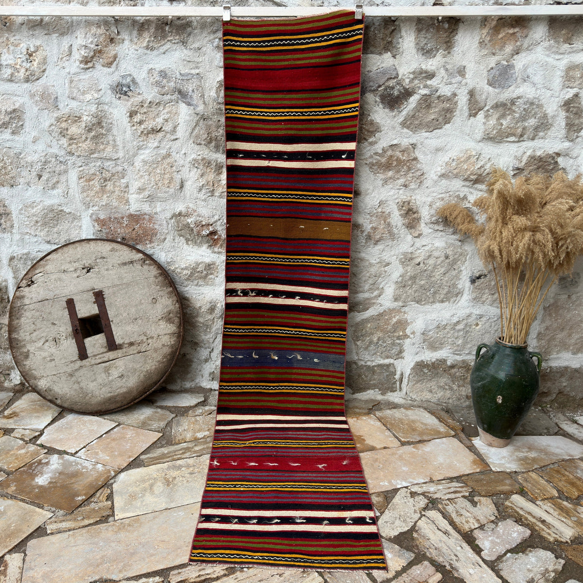 Red 2' x 10' vintage kilim runner rug with striped design, handmade in Turkey – Blythe.
