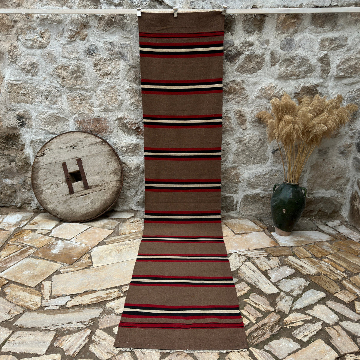 Brown 3' x 12' vintage kilim runner rug with striped design, handmade in Turkey – Zarah.
