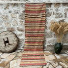Red 3' x 9' vintage kilim runner rug with striped design, handmade in Turkey – Bobbie.