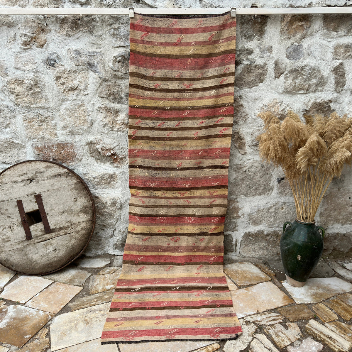 Red 3' x 9' vintage kilim runner rug with striped design, handmade in Turkey – Bobbie.