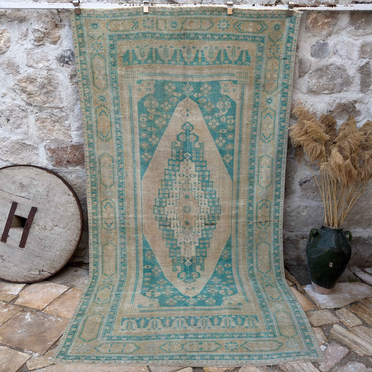 Pale Green 5' x 10' vintage large rug with traditional design, handmade in Turkey – Halle.