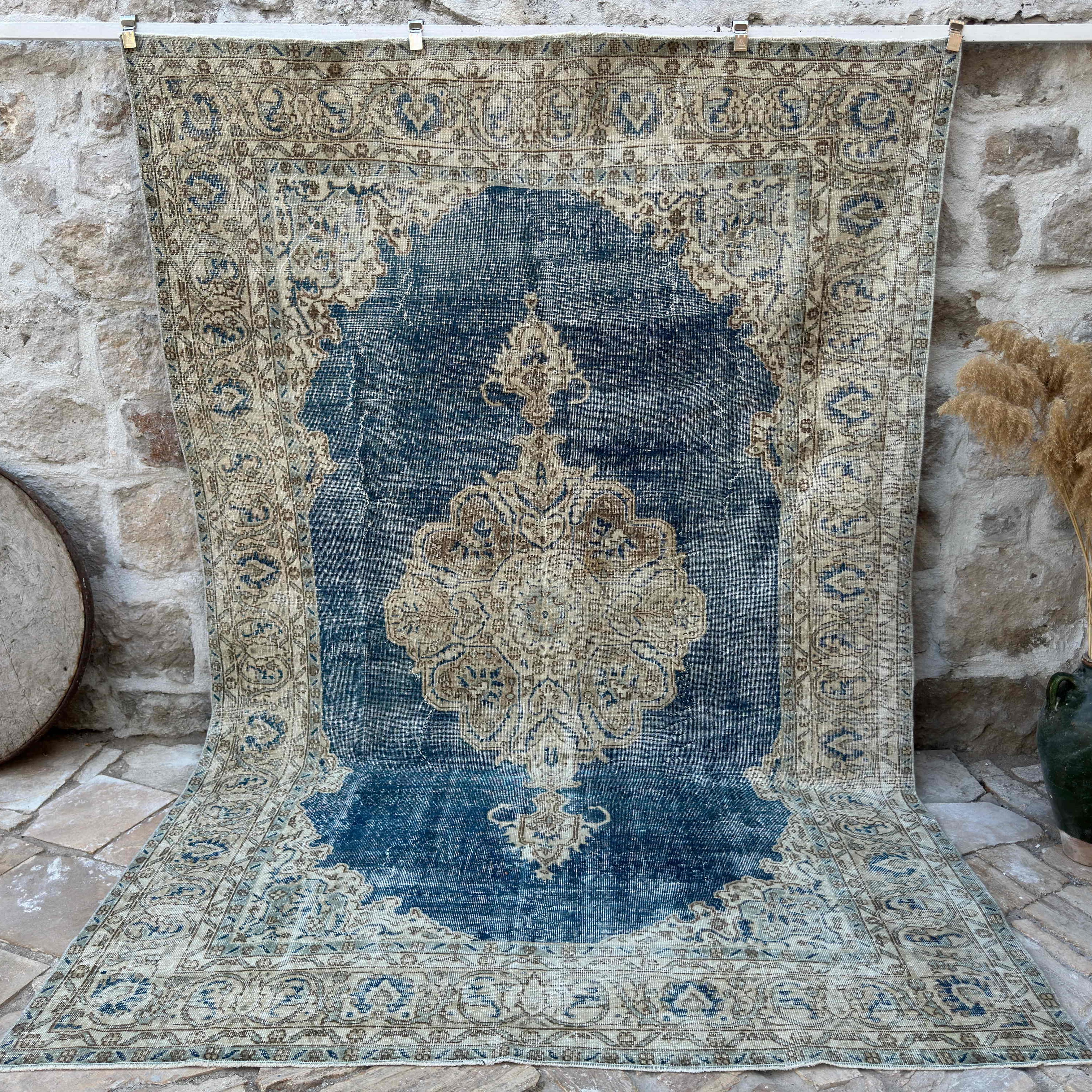 Blue 7' x 10' vintage large rug with medallion design, handmade in Turkey – Kole.