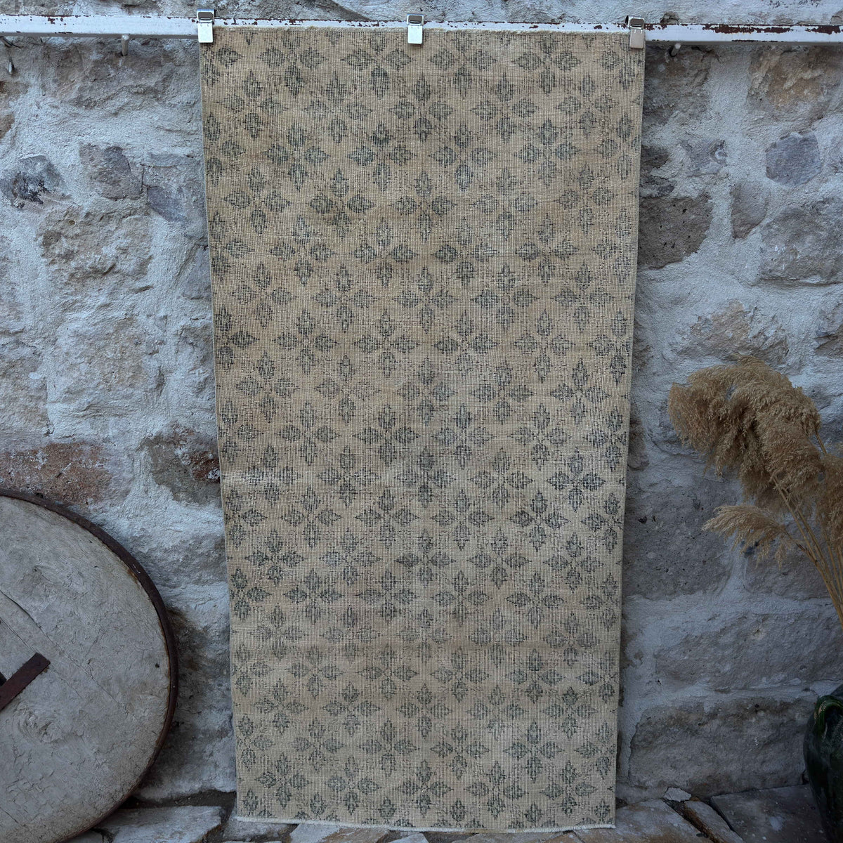 Beige 3' x 7' vintage low pile rug with floral design, handmade in Turkey – Wiley.