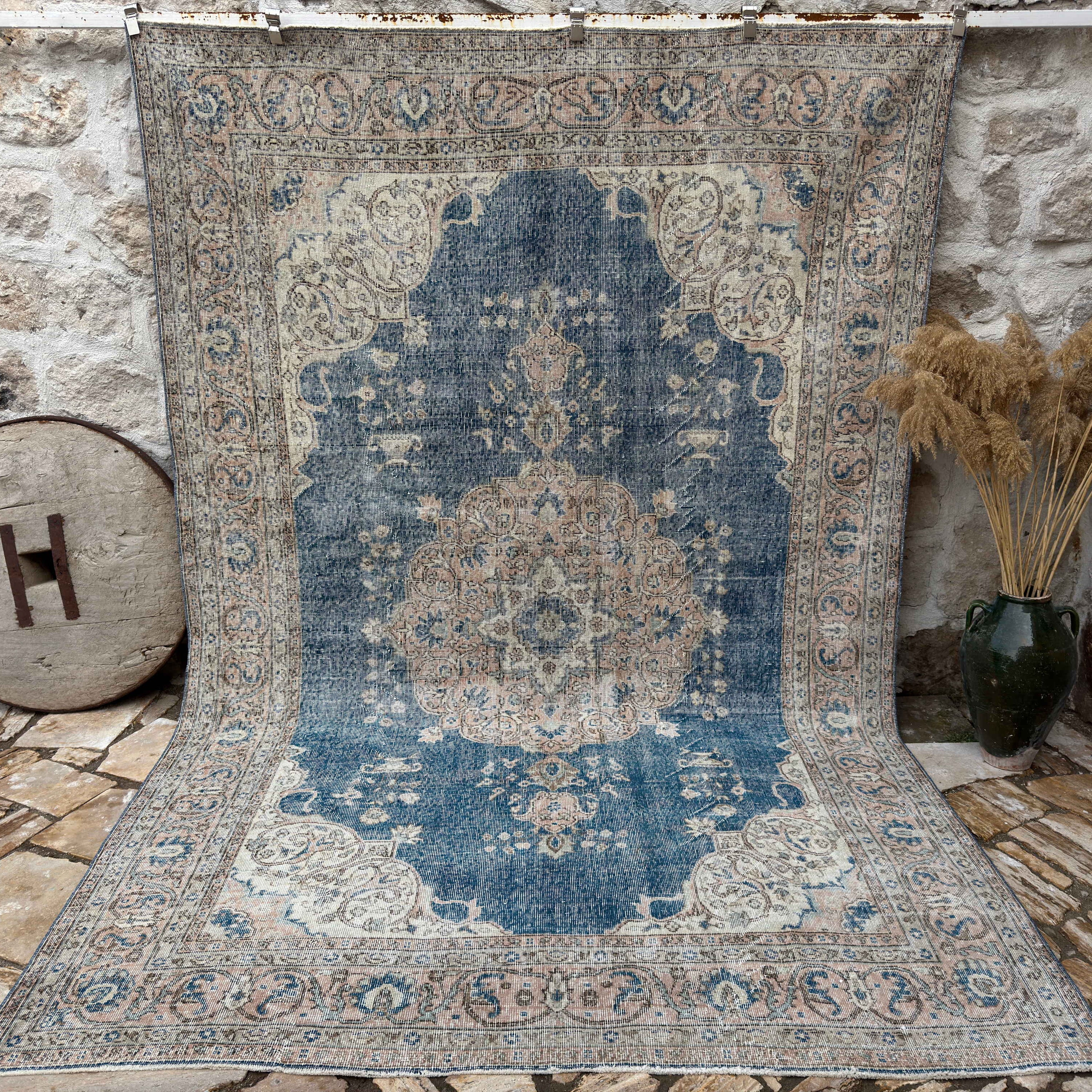 Blue 7' x 11' vintage medallion carpet with medallion design, handmade in Turkey – Sterling.