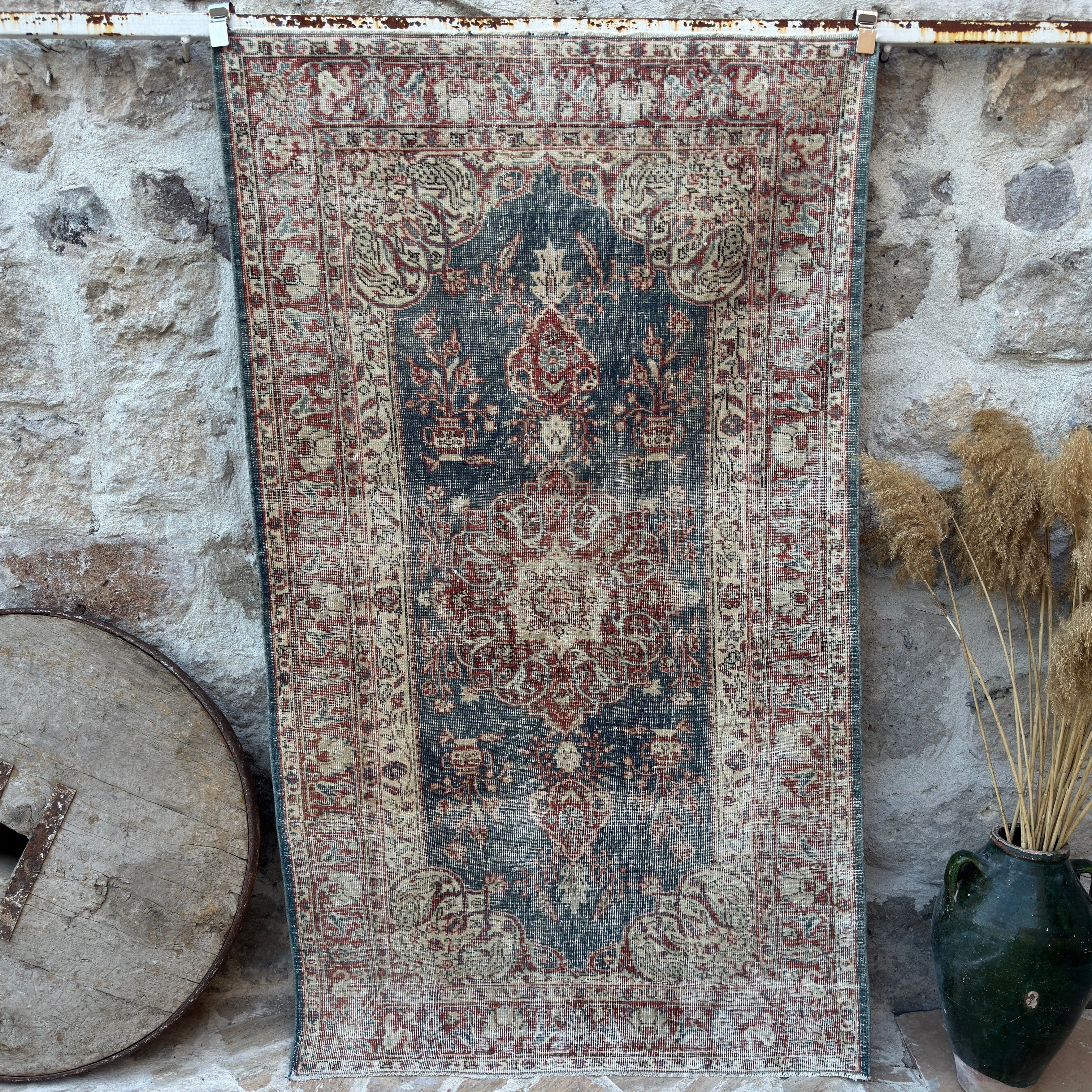 Blue 4' x 7' vintage medallion rug with traditional design, handmade in Turkey – Riane.