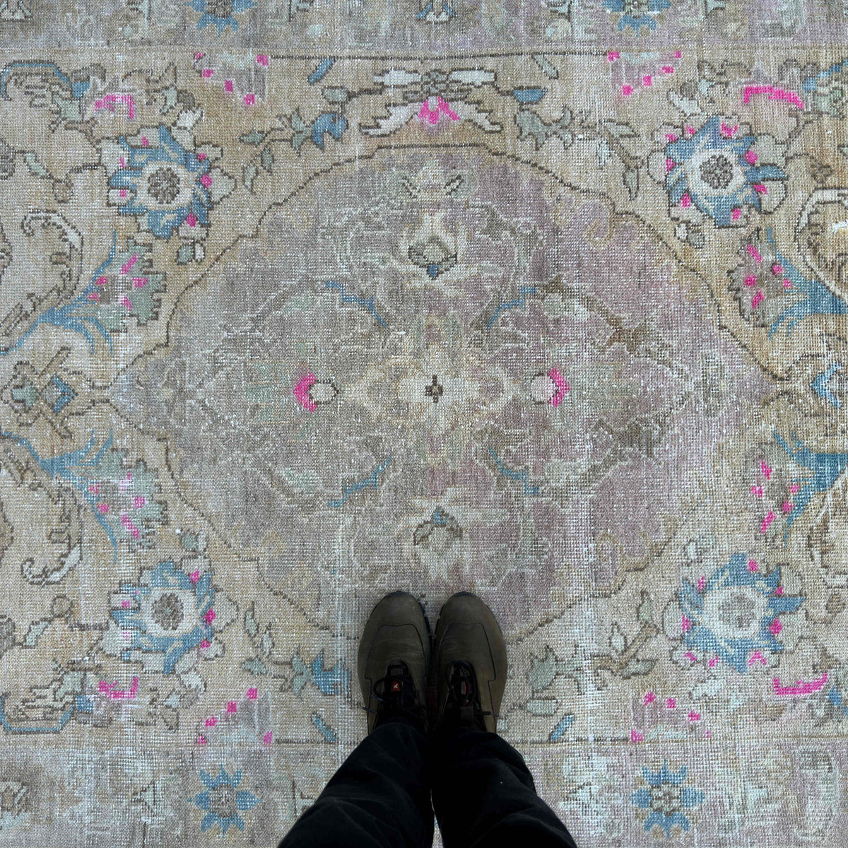 1970s pink vintage Turkish medallion rug with neutral design, hand-knotted weave and low pile.
