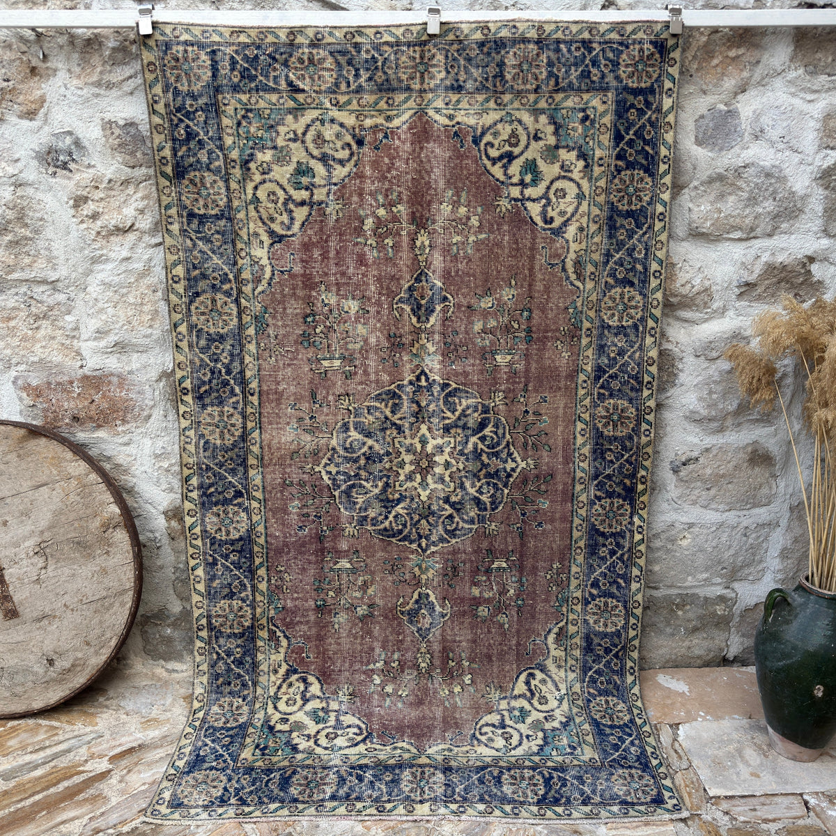 Blue 5' x 8' vintage medallion rug with medallion design, handmade in Turkey – Jyoti.