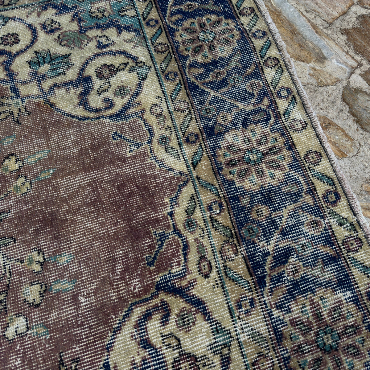 1970s blue vintage Turkish medallion rug with medallion design, hand-knotted weave and low pile.