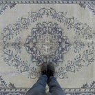 1970s blue vintage Turkish medallion rug with medallion design, hand-knotted weave and low pile.