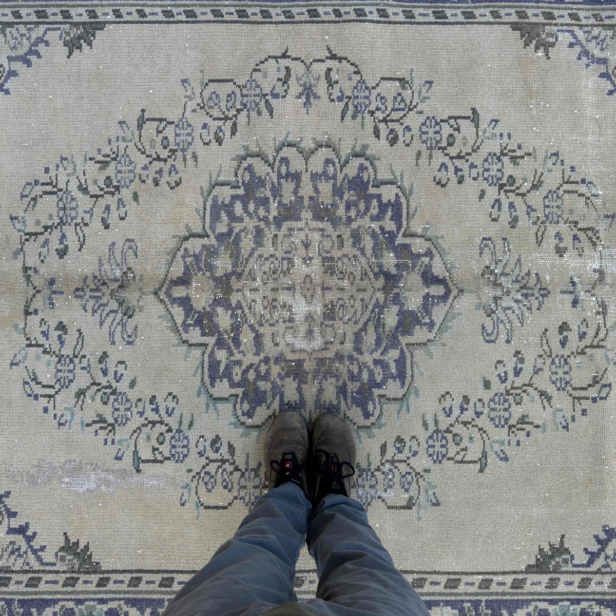 1970s blue vintage Turkish medallion rug with medallion design, hand-knotted weave and low pile.