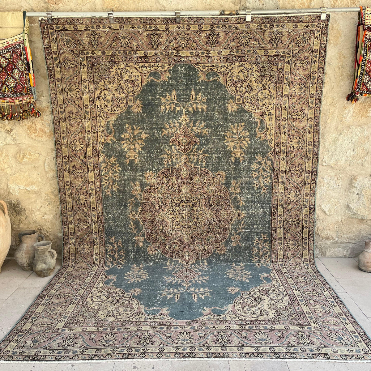 Blue 7' x 10' vintage medallion rug with medallion design, handmade in Turkey – Breaker.