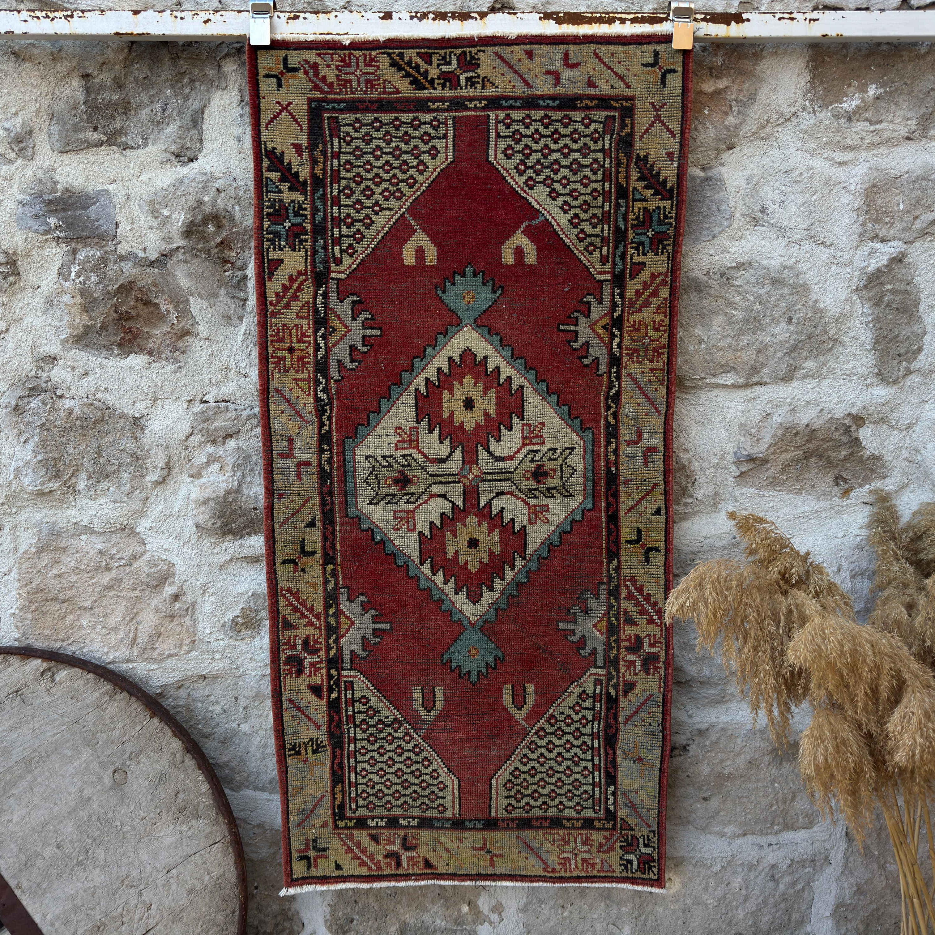 Red 2' x 5' vintage medium size rug with medallion design, handmade in Turkey – Carver.
