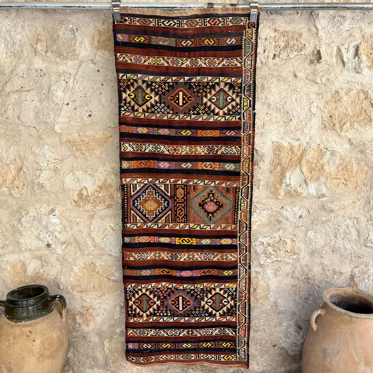 Brown 2' x 6' vintage mini kilim runner rug with traditional design, handmade in Persian – Jaxx.