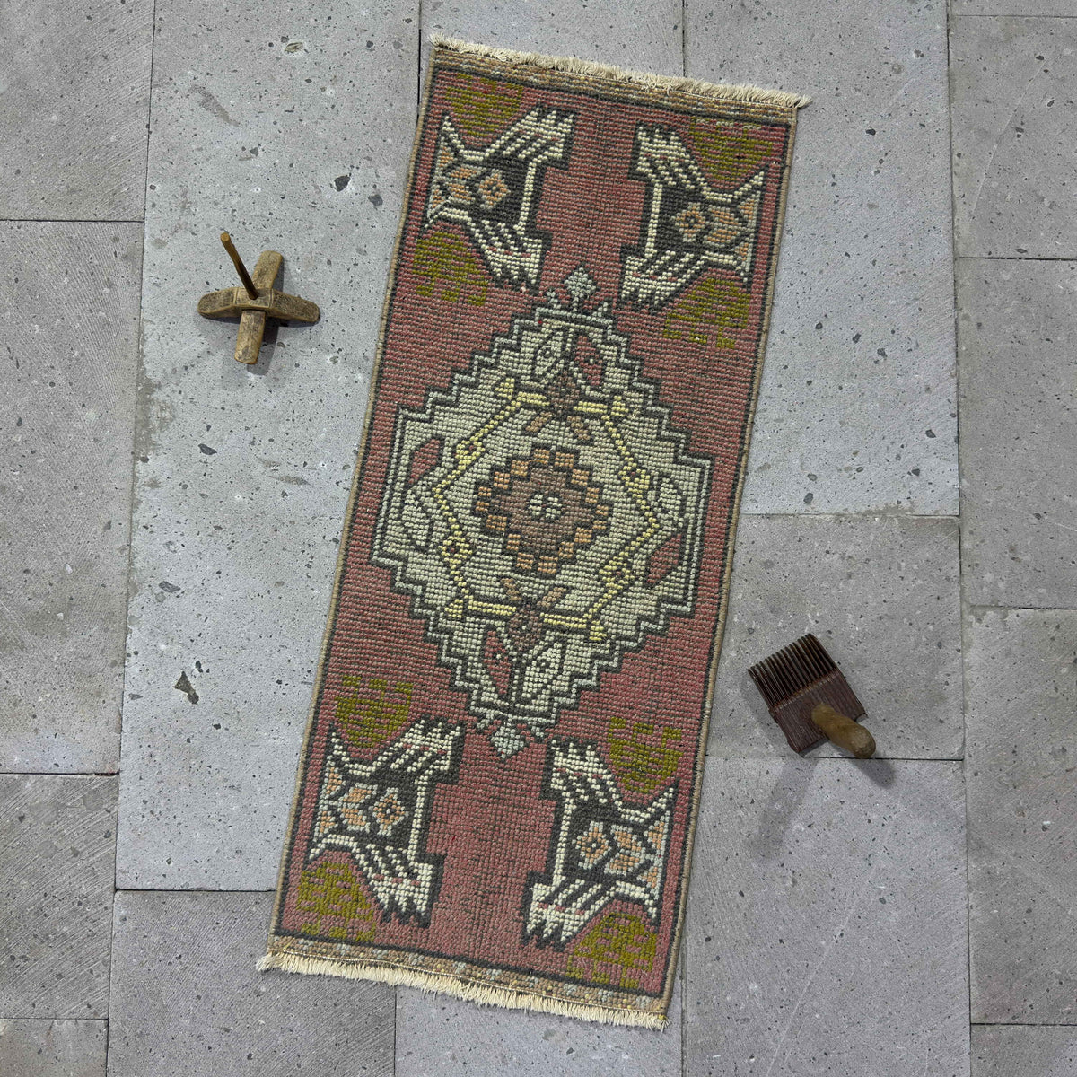 Red 1' x 3' vintage mini rug with traditional design, handmade in Turkey – Glyn.