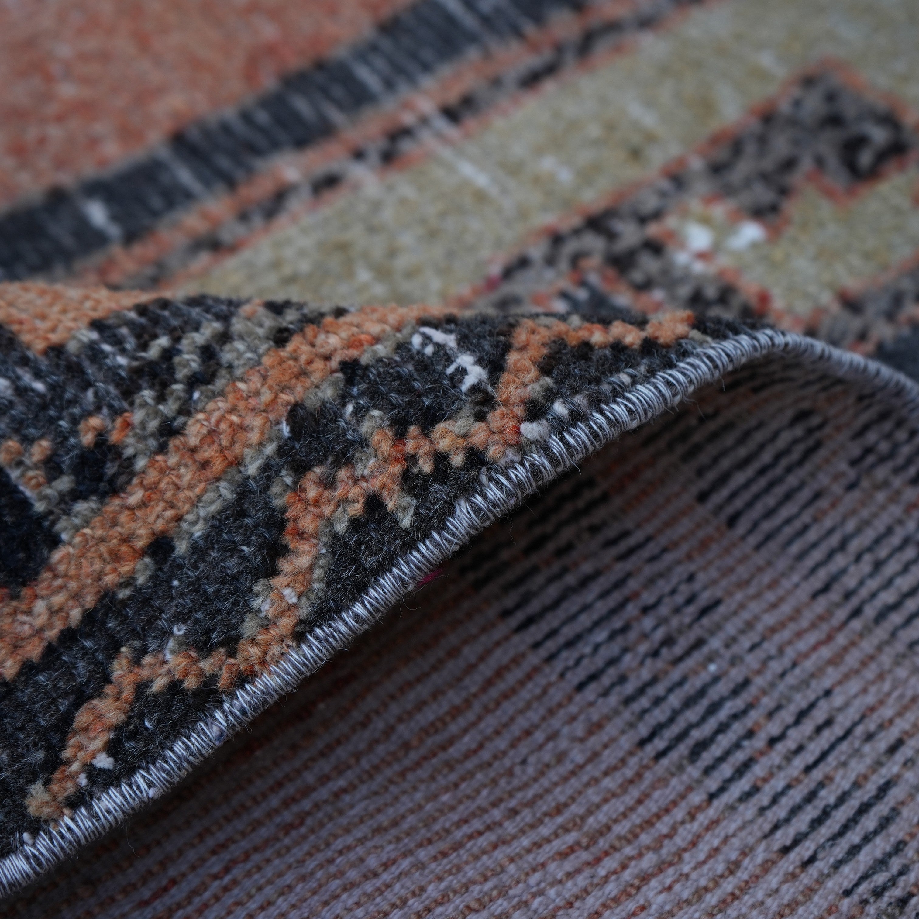 Additional view of the orange vintage Turkish mini runner, hand-knotted in wool and cotton.