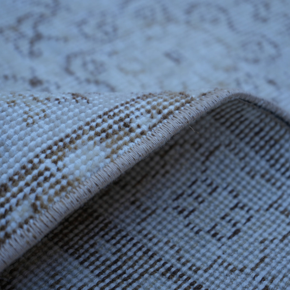 Additional view of the beige vintage Turkish neutral rug, hand-knotted in wool and cotton.