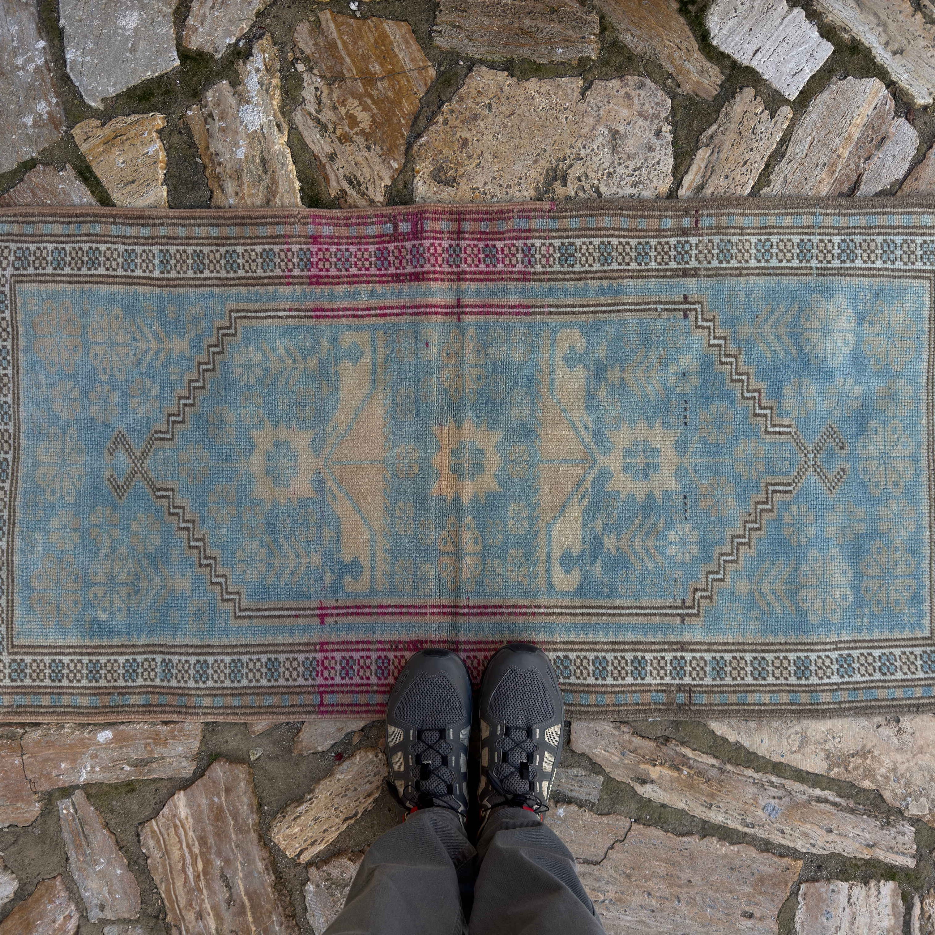 1970s pale blue vintage Turkish oriental rug with traditional design, hand-knotted weave and low pile.