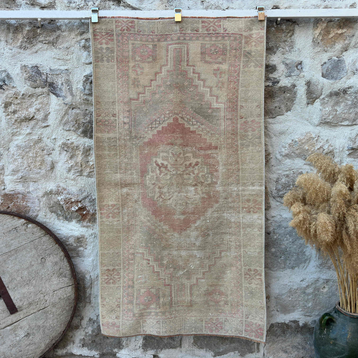 Pale Red 3' x 6' vintage oriental rug with neutral design, handmade in Turkey – Farley.