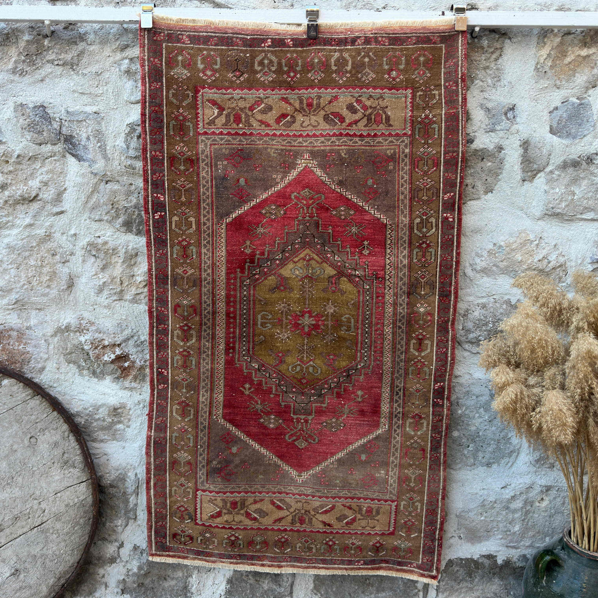 Red 3'x 6' vintage oriental rug with traditional design, handmade in Turkey – Karol.