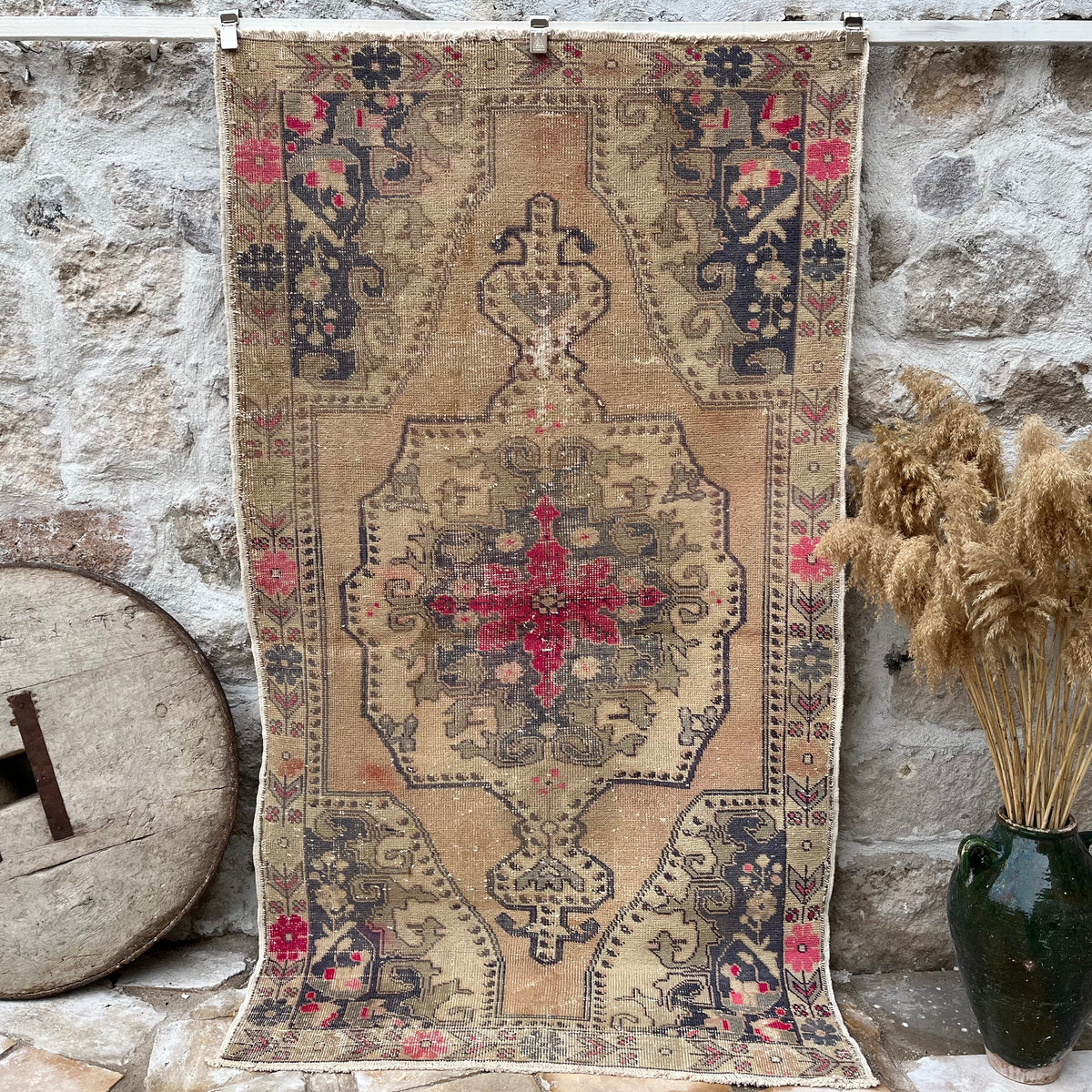 Blue 4' x 7' vintage oriental rug with traditional design, handmade in Turkey – Emery.