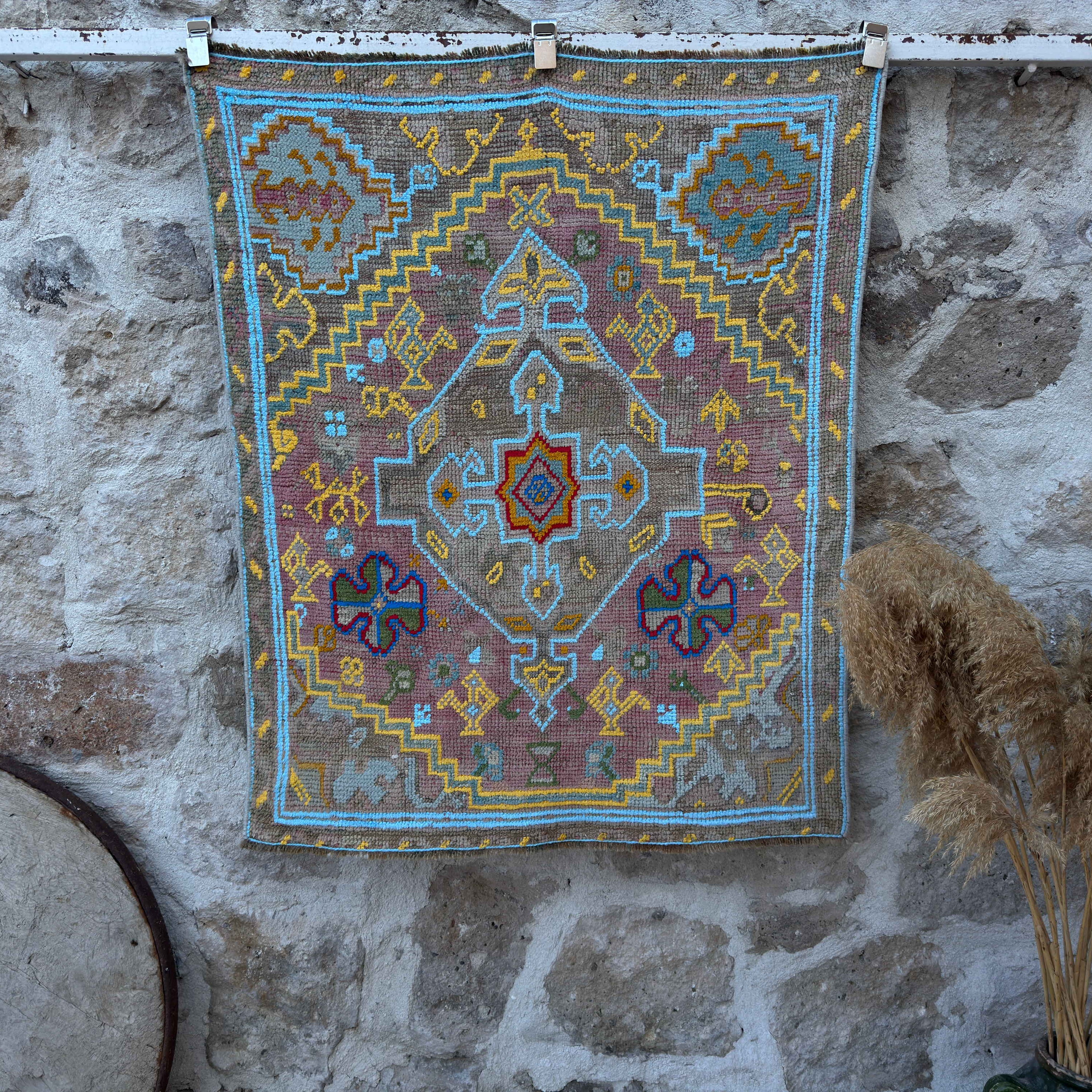Blue 3' x 4' vintage oushak rug with traditional design, handmade in Turkey – Cerys.