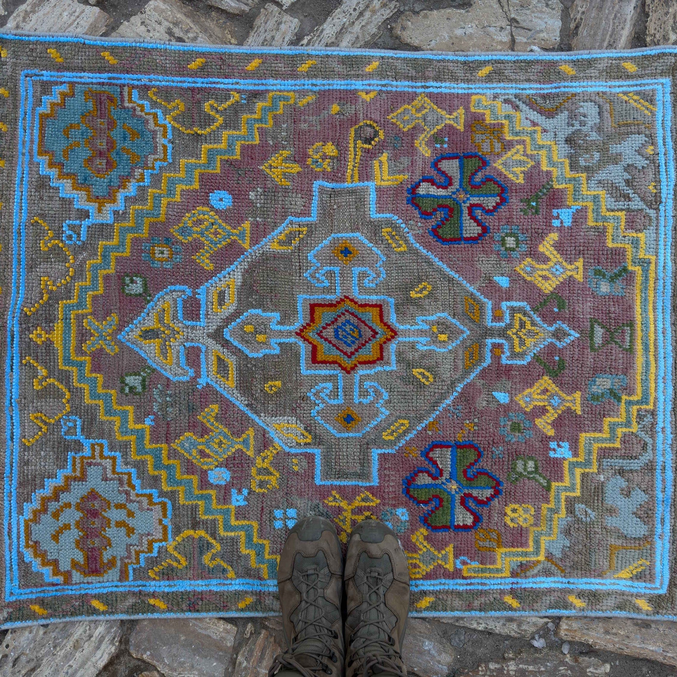 1970s blue vintage Turkish oushak rug with traditional design, hand-knotted weave and low pile.