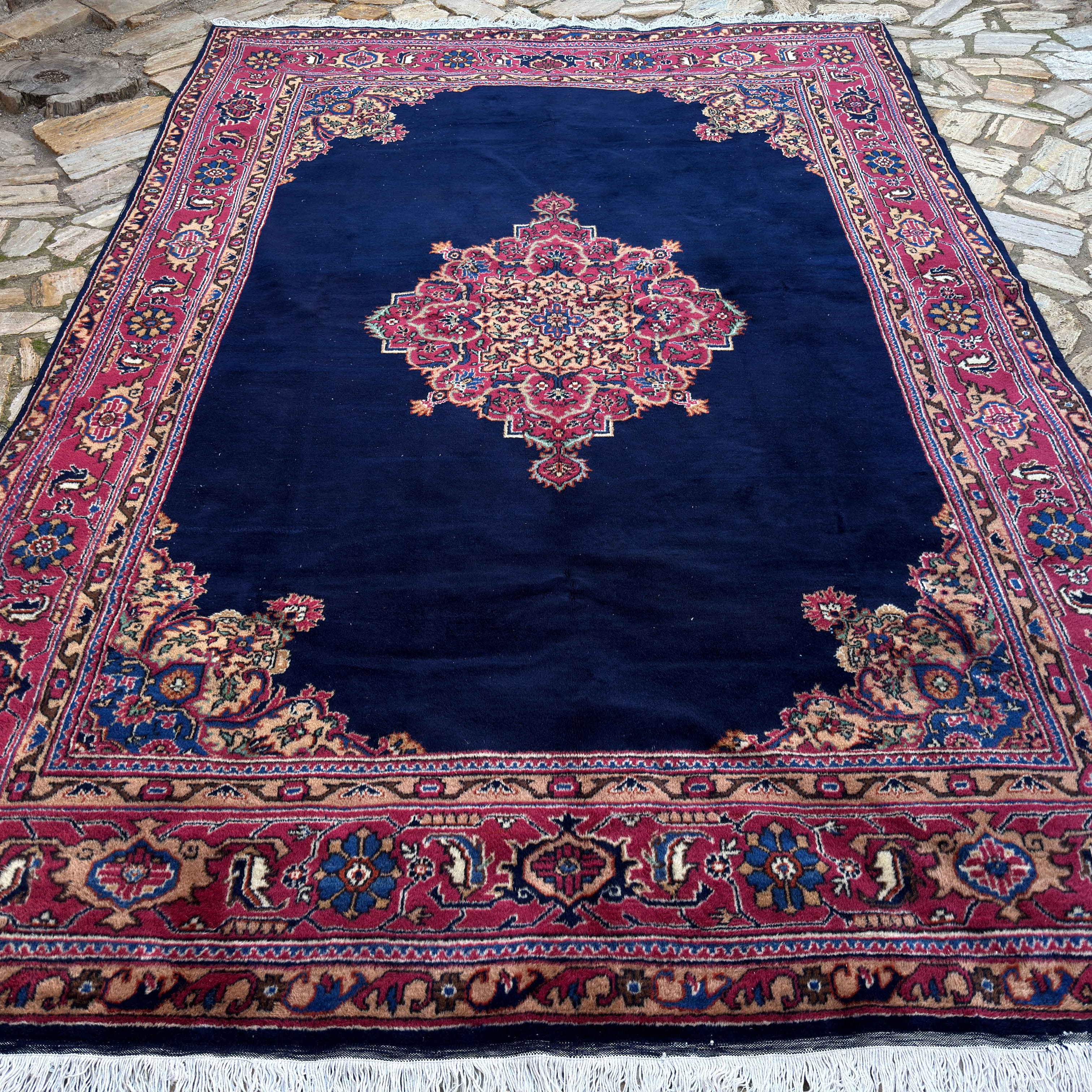 Blue 8' x 12' vintage Turkish oushak rug in wool and cotton, shown on the floor.