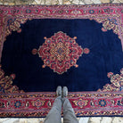 1970s blue vintage Turkish oushak rug with medallion design, hand-knotted weave and low pile.
