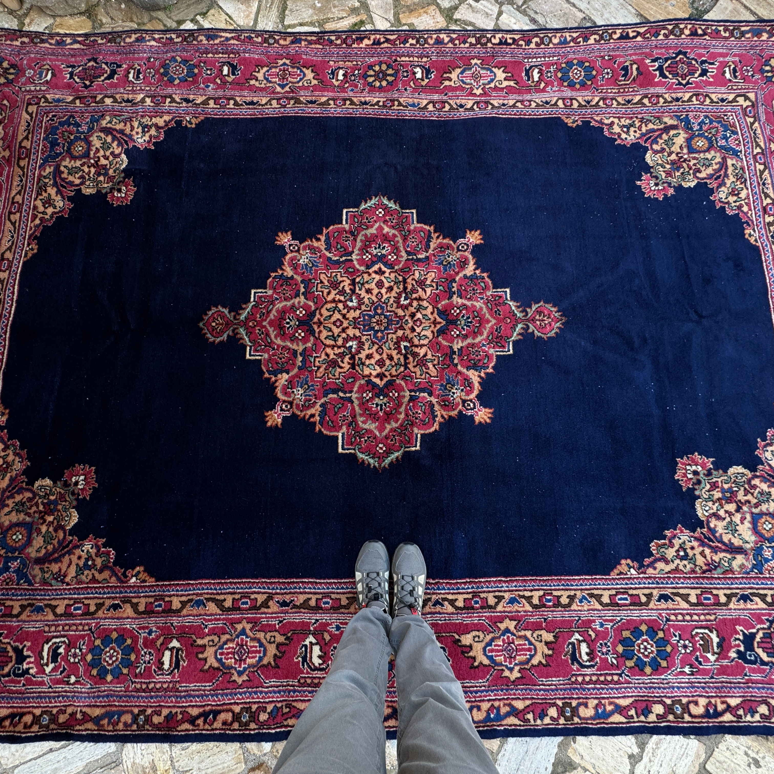 1970s blue vintage Turkish oushak rug with medallion design, hand-knotted weave and low pile.