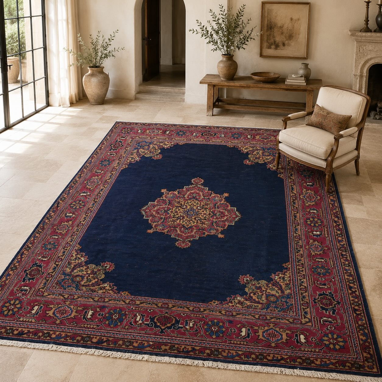 Navy and red vintage hand-knotted Oushak rug, Lula, with a central medallion in a spacious living room