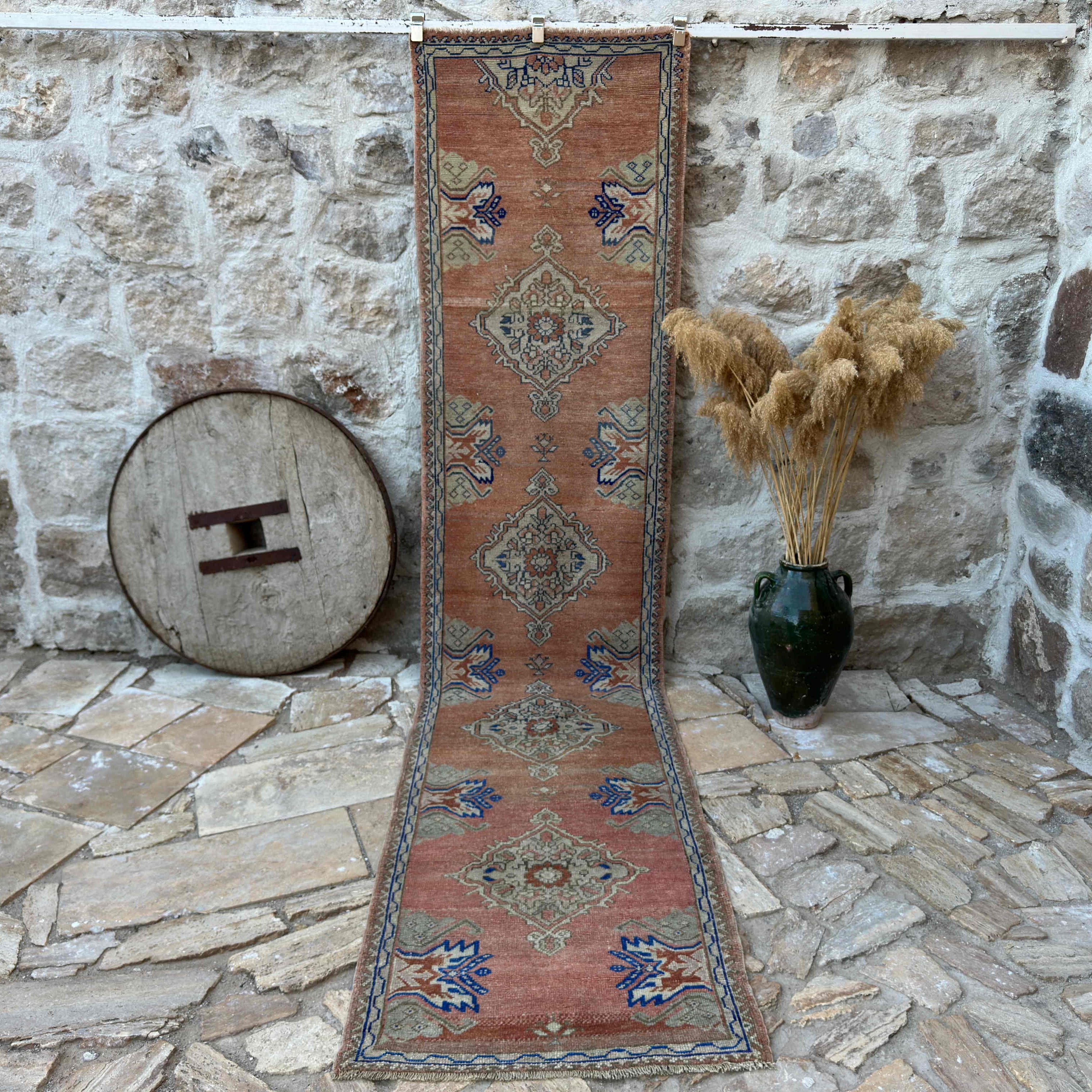 Pale Red 3' x 12' vintage oushak runner rug with oushak design, handmade in Turkey – Leandro.