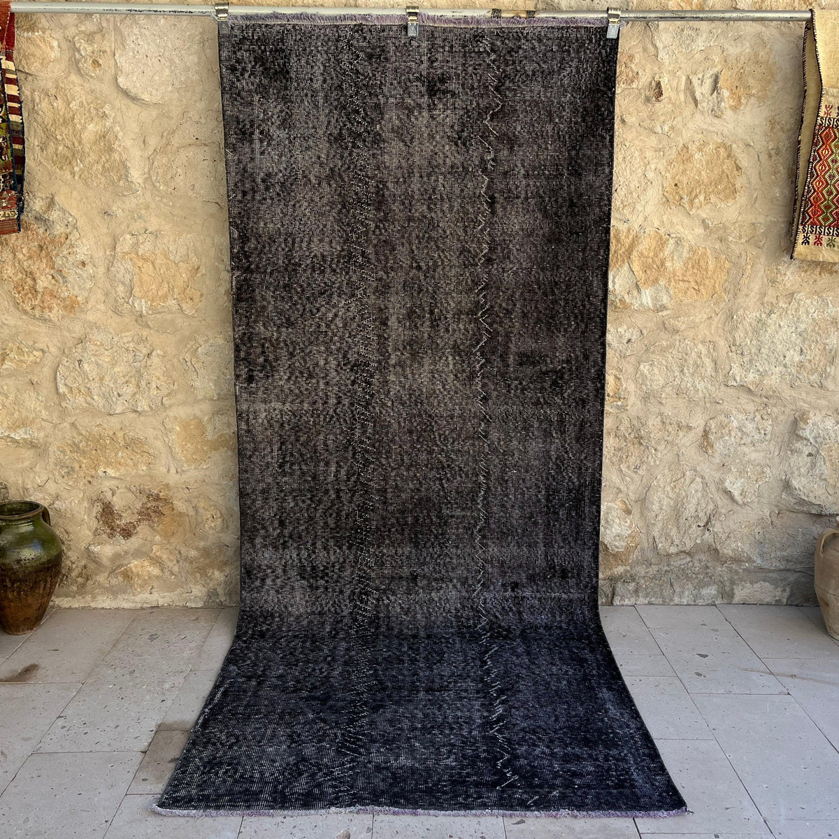 Black 4' x 10' vintage overdyed rug with overdyed design, handmade in Turkey – Nia.