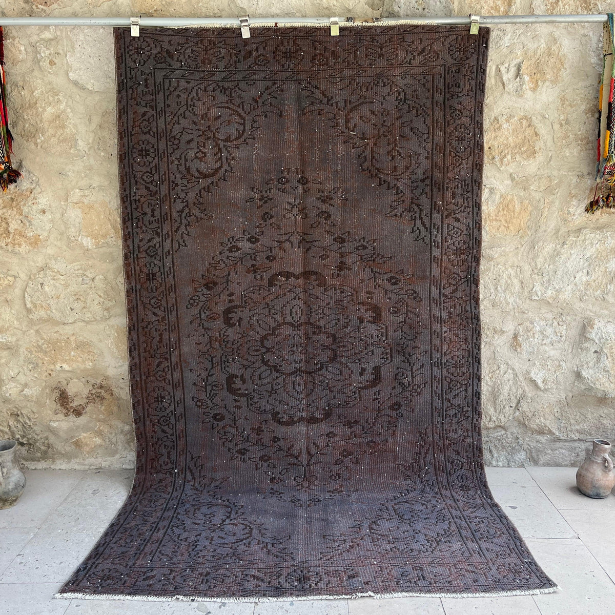 Gray 5' x 9' vintage overdyed rug with overdyed design, handmade in Turkey – Harlem.