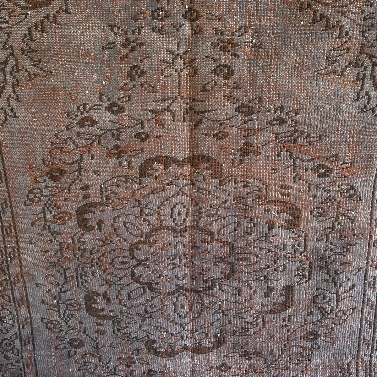 1970s gray vintage Turkish overdyed rug with overdyed design, hand-knotted weave and low pile.