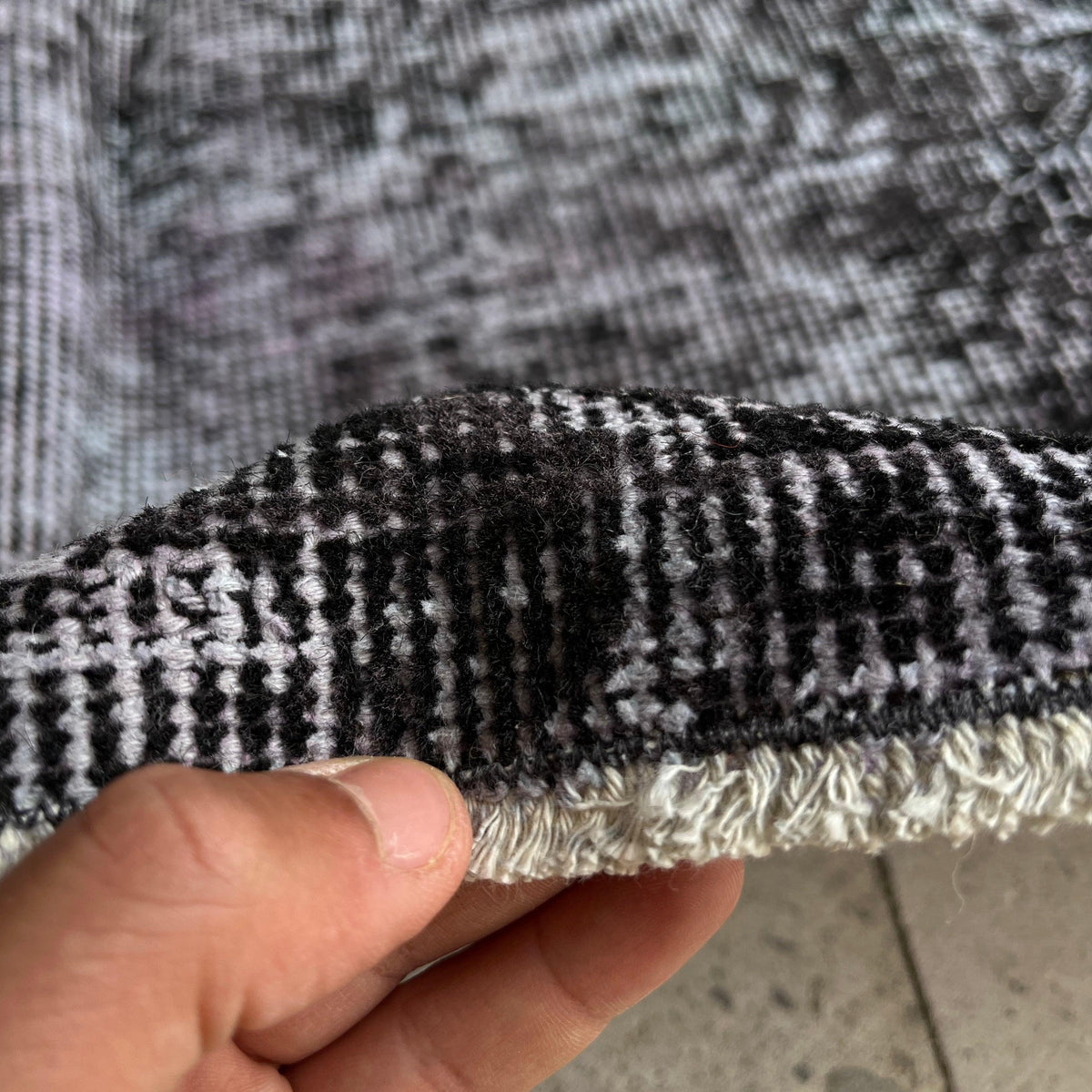 1970s gray vintage Turkish overdyed rug with overdyed design, hand-knotted weave and low pile.