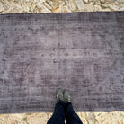 1970s gray vintage Turkish overdyed rug with overdyed design, hand-knotted weave and low pile.